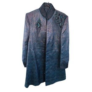 Status Brocade Beaded Sherwani Long Fitted Coat 42 Lined Peacock Pockets Slits